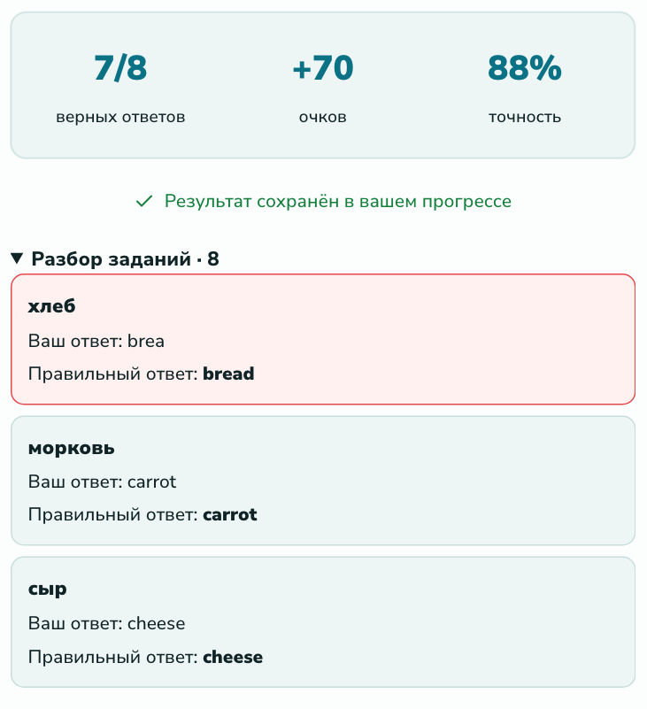 Результат игры в Langlisto с разбором английских слов, ответов ученика и правильных вариантов