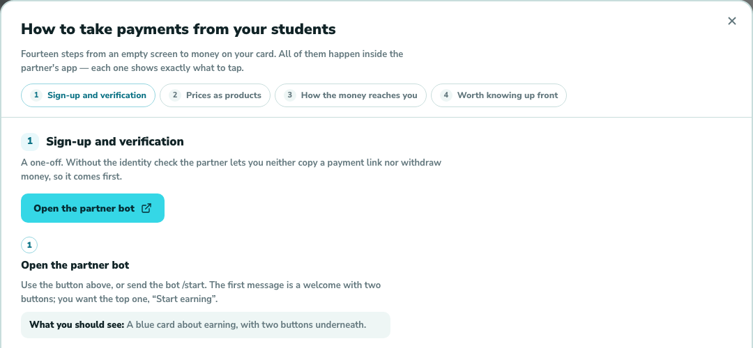 The «How to take payments from your students» guide in langlisto: four chapters and the first step