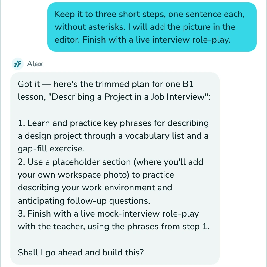 A tutor discussing a personalized job interview lesson with the Langlisto AI assistant