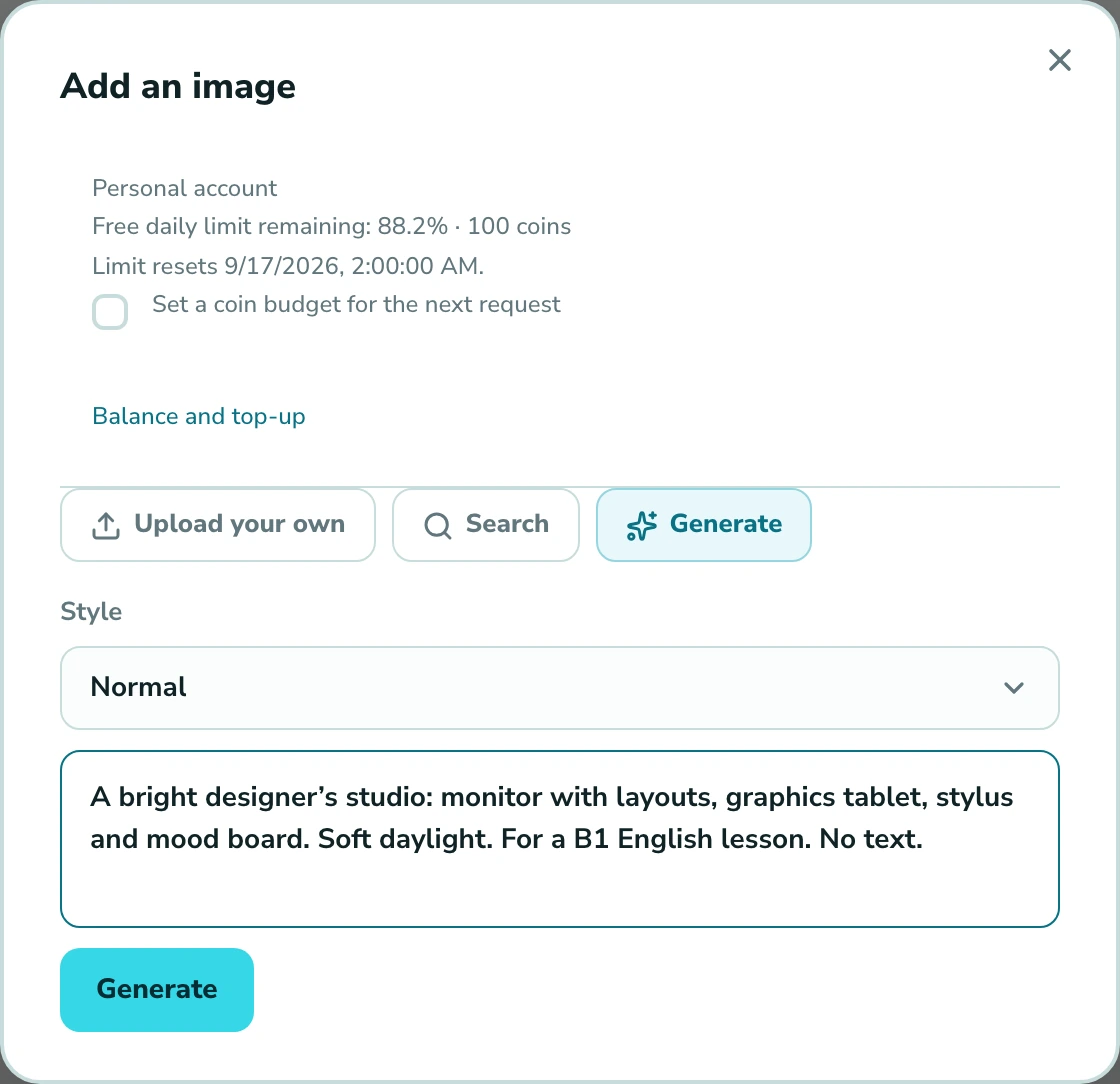 The Langlisto image generator with a prompt for a designer’s workspace illustration for a B1 English lesson