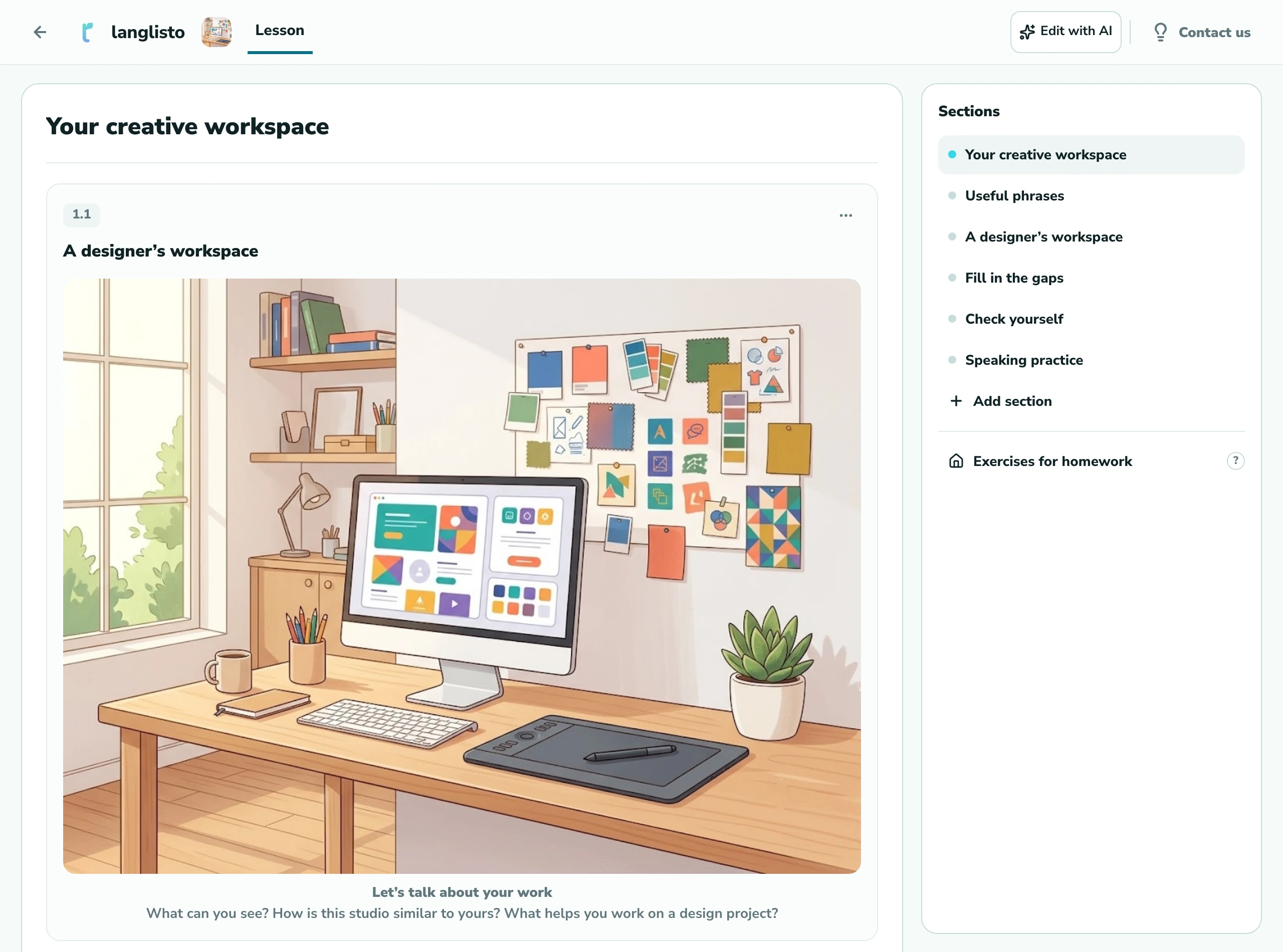 A personalized English lesson for a designer in Langlisto, with an illustration and job interview activities