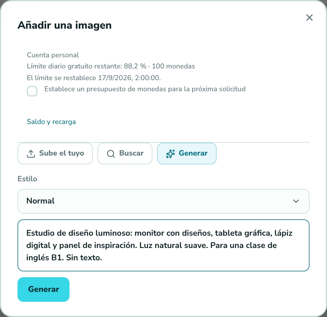 Generador de imágenes de Langlisto con una petición de ilustración de un estudio de diseño para una clase de inglés B1