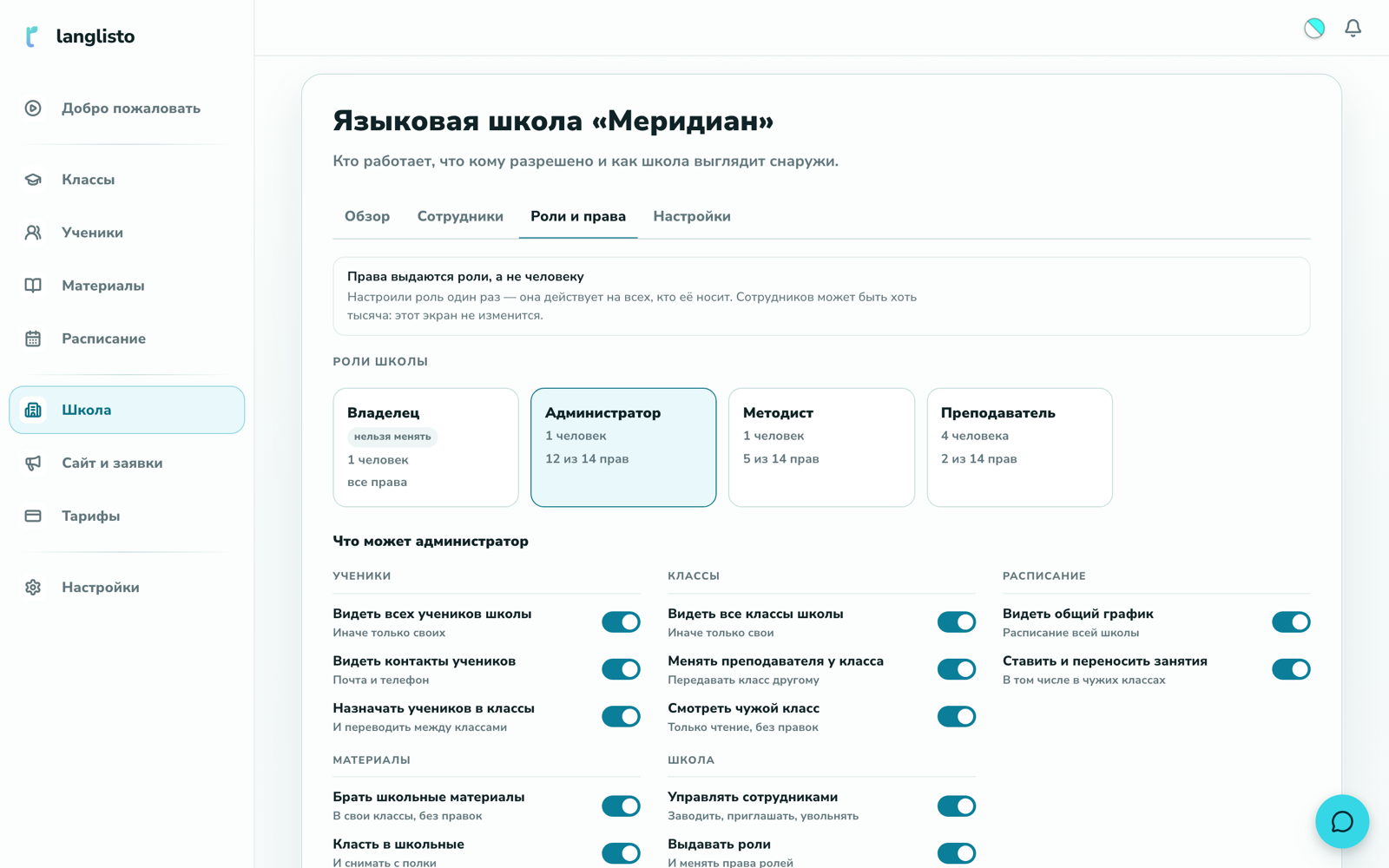 Экран ролей: карточки четырёх ролей и матрица из четырнадцати прав с переключателями