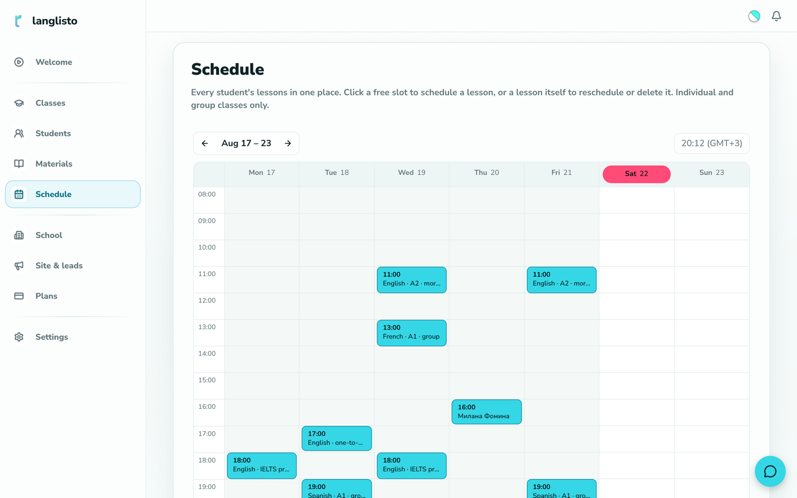 The school week: lessons laid out by day and hour