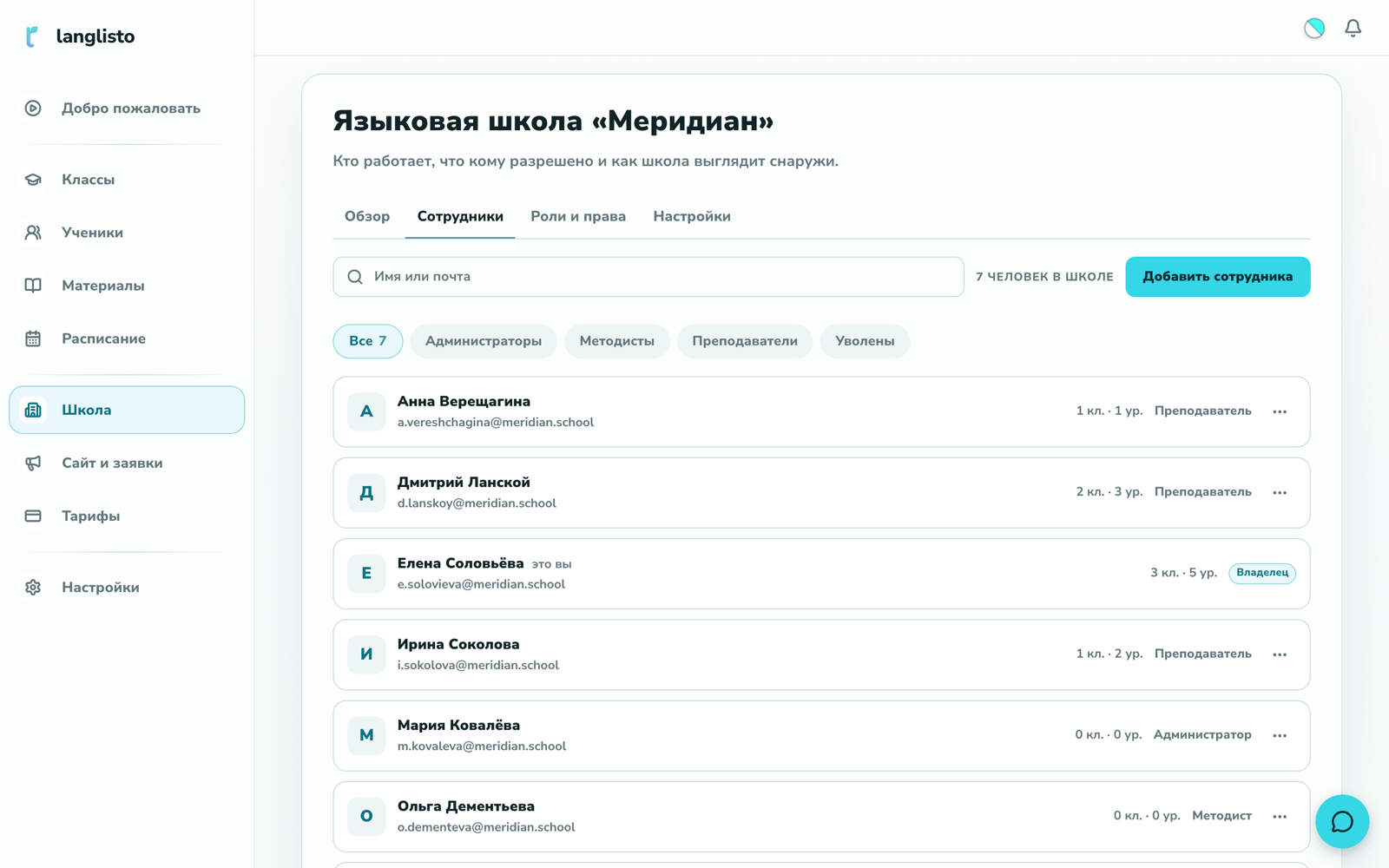 Раздел «Школа»: список сотрудников с ролями — администратор, методист, преподаватели
