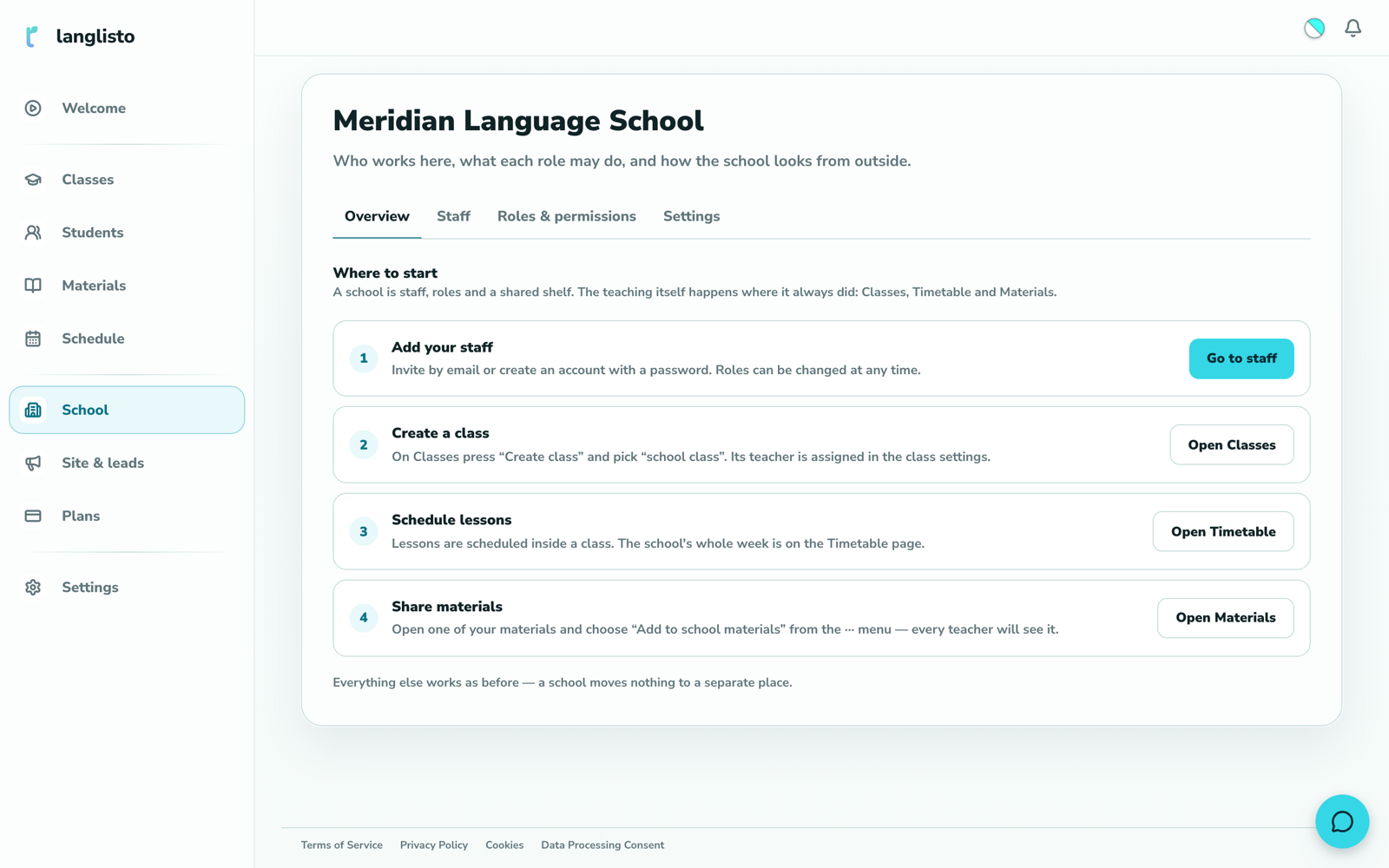 The School section, Overview tab: four steps — staff, a class, lessons, materials