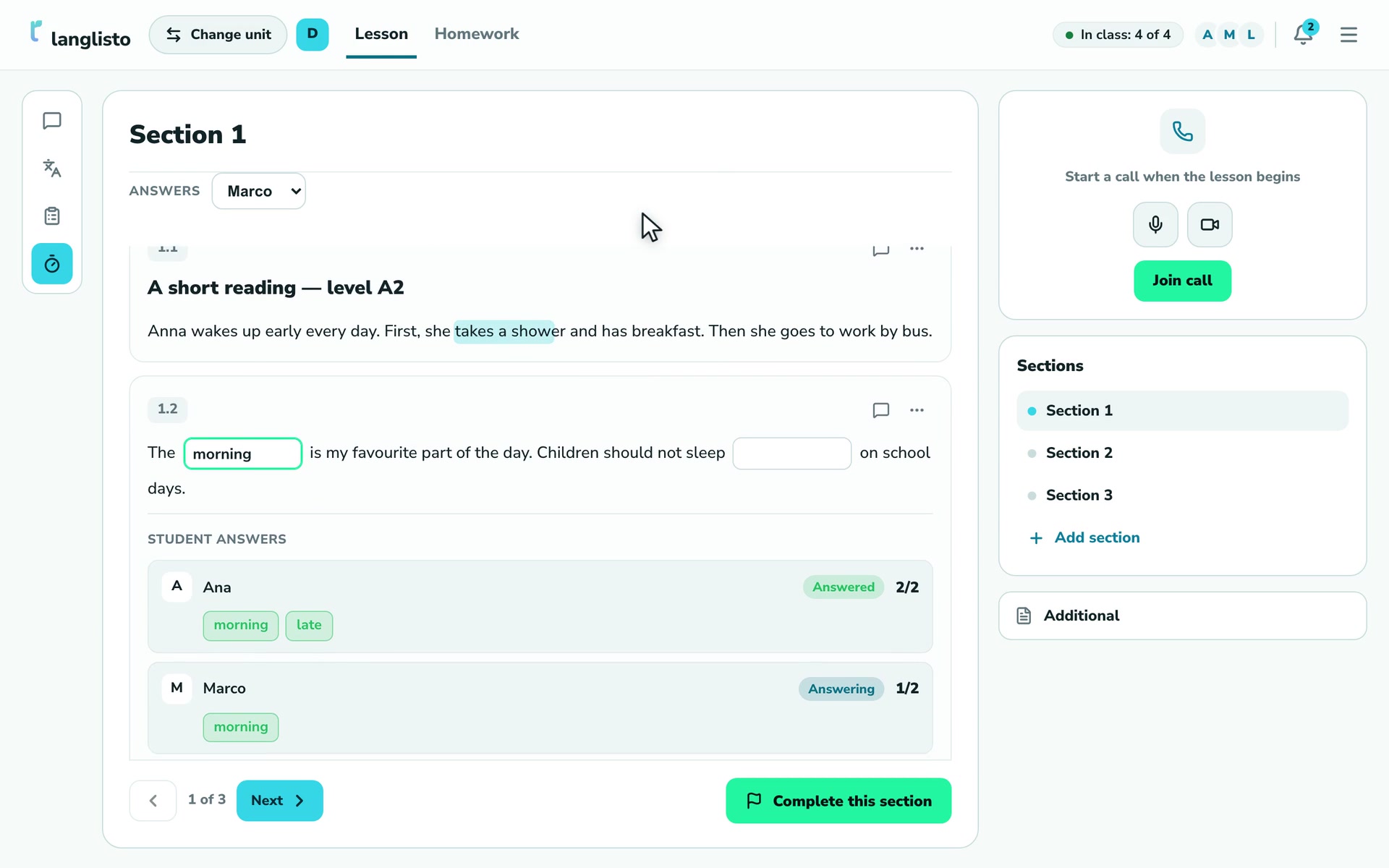 The lesson room: the teacher sees every student's answers in real time